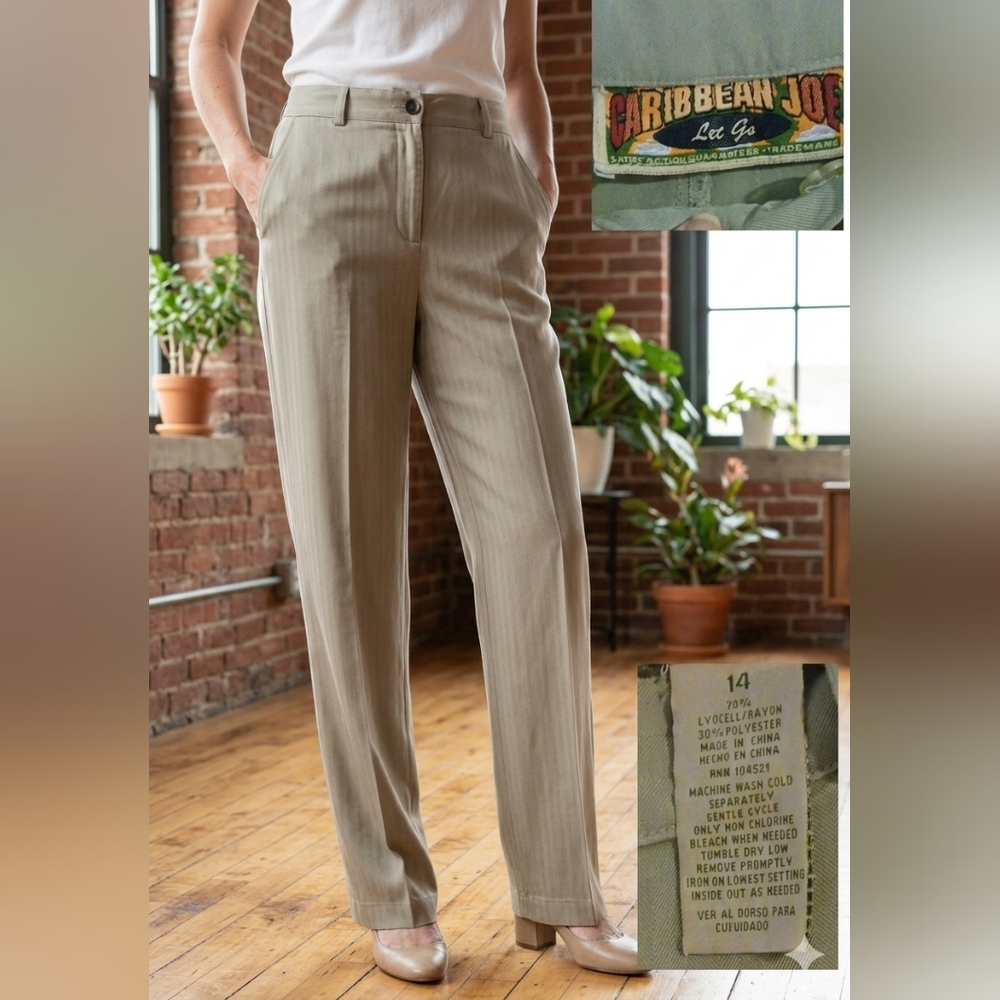 Caribbean Joe Light Green Herringbone Dress Pants | Size 14 Lyocell Rayon Blend